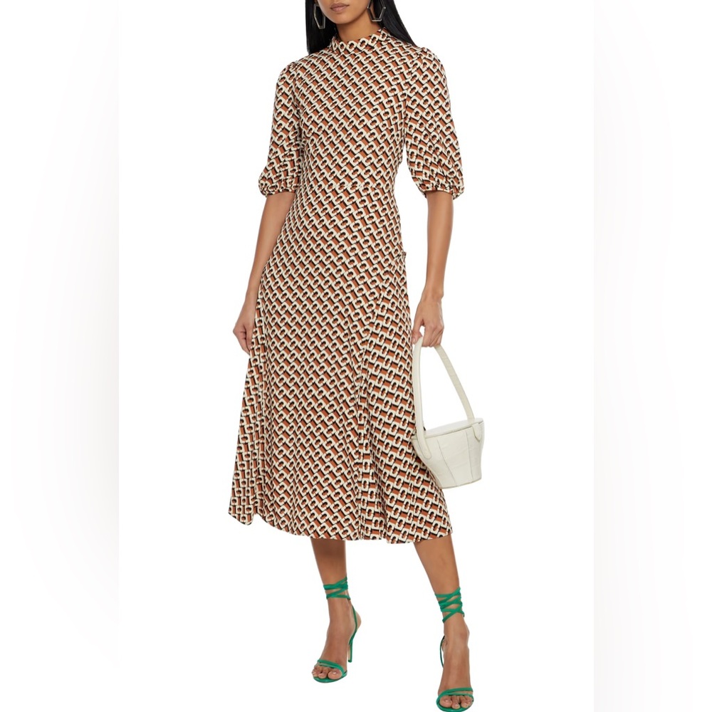 Diane Von Furstenberg Brown and White Ruched Wrap Midi Dress